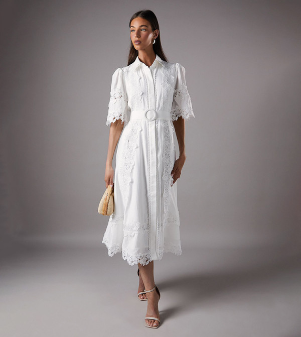 Lace Paneled Belted Shirt Dress