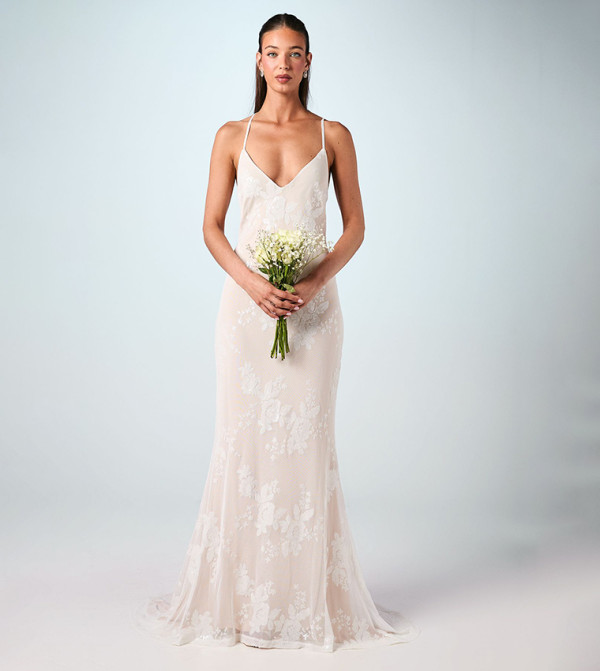 Embellished V-Neck Mesh Maxi Wedding Dress