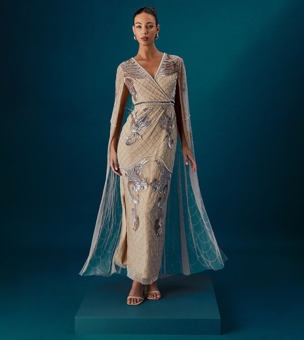Heavily Embellished Maxi Dress with Cape Sleeves