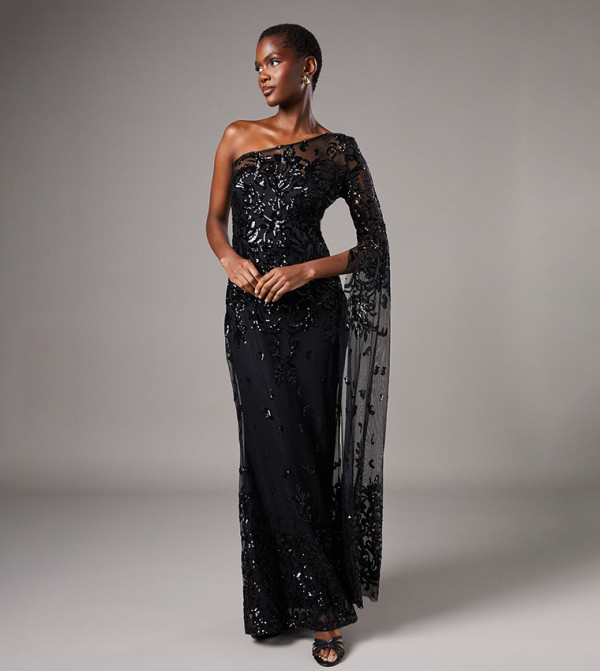 One Shoulder Maxi Dress In Lace with Cape Sleeve