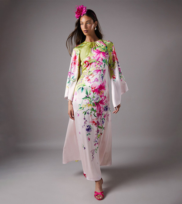 Satin Printed Long Sleeves Maxi Dress