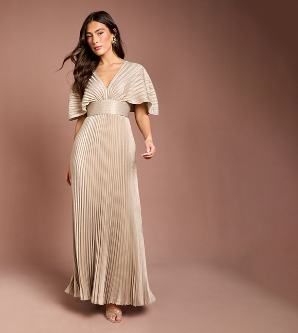 Batwing Pleated Metallic Maxi Dress