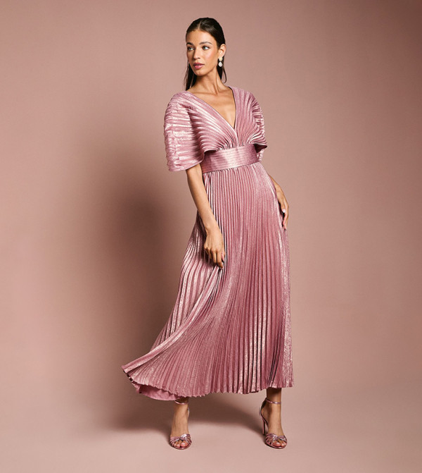 Batwing Pleated Metallic Midi Dress