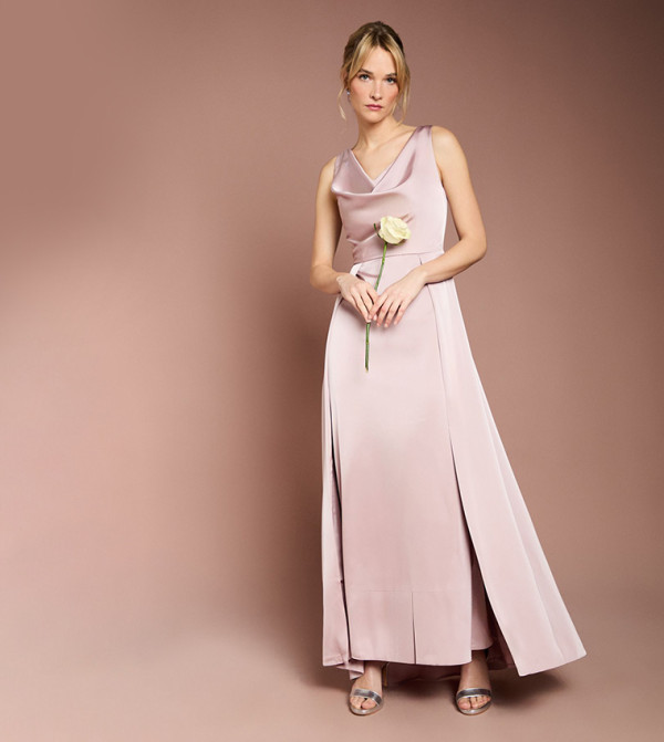 Petite Sleeveless Cowl Neck Satin Maxi Bridesmaid Dress