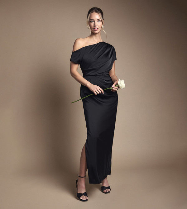 Satin Rushed Detail Off Shoulder Maxi Bridesmaid Dress