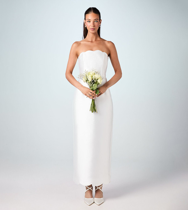 Scallop Detail Twill Column Bridal Maxi Dress