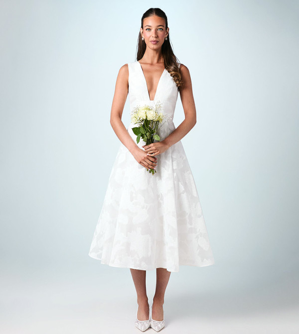 Plunge V Full Skirted Jacquard Midi Party Dress