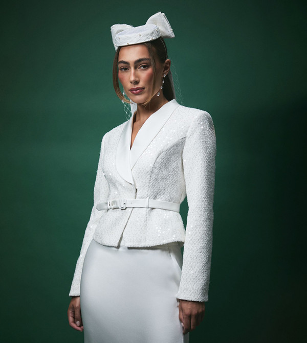 Lisa Tan Boucle Sequined Belted Fitted Jacket