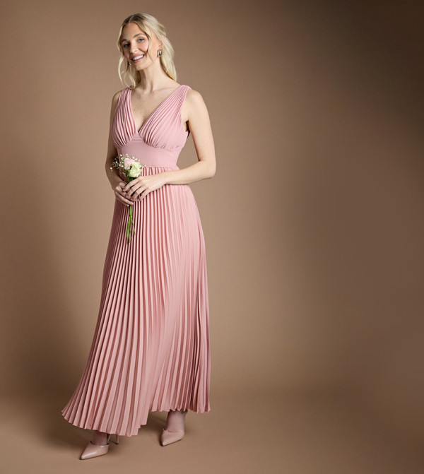 Pleated Plunge Neck Maxi Bridesmaid Dress