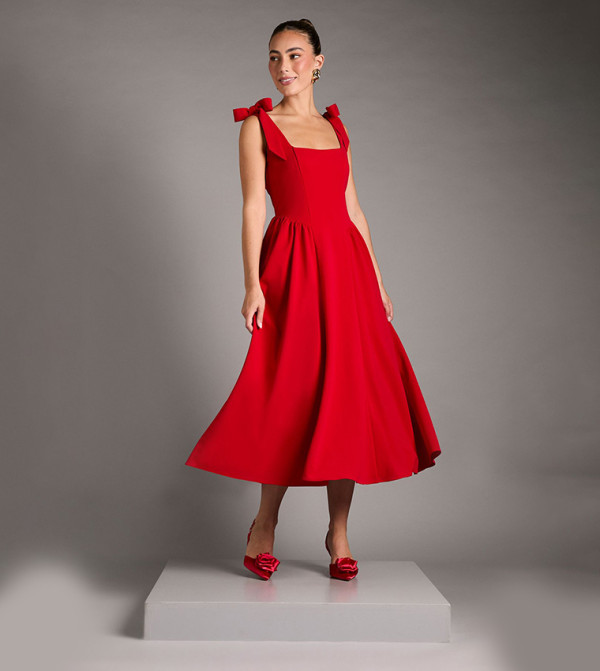 Sleeveless Crepe Midi Dress with Bow Detail Straps