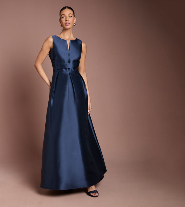 Twill Notch Neck Fit and Flared Maxi Bridesmaid Dress
