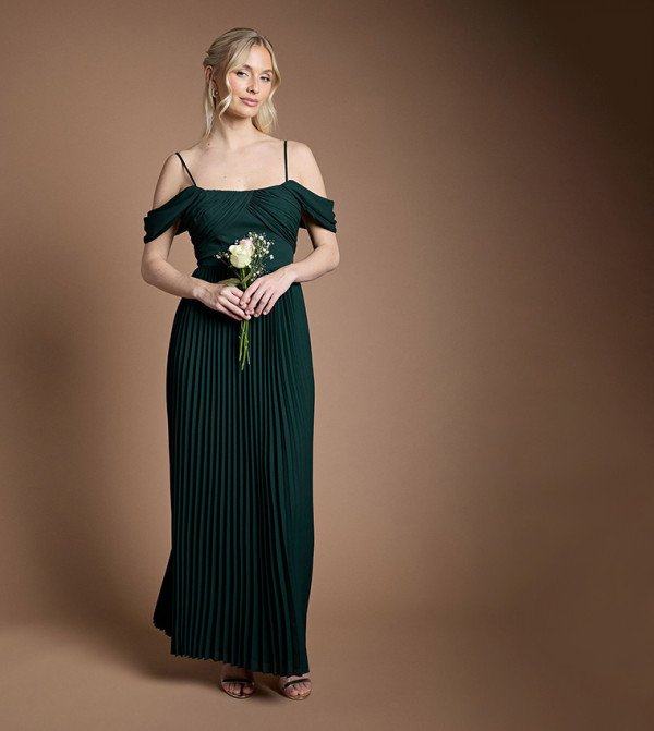 Bardot Pleated Maxi Bridesmaid Dress