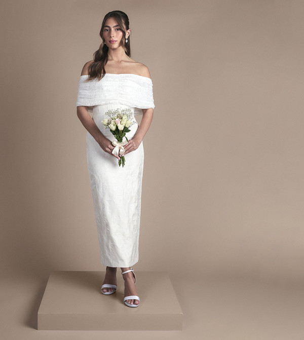 Lisa Tan Strapless Jacquard Column Wedding Midi Dress