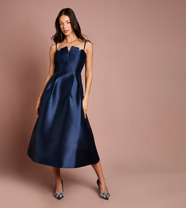 Notch Neck Detail Twill Midi Dress