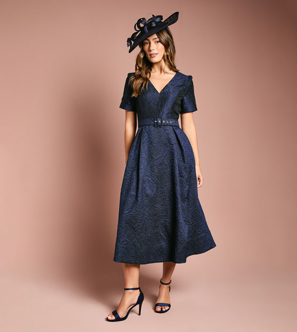 Short Sleeves Jacquard Midi Dress with Belt