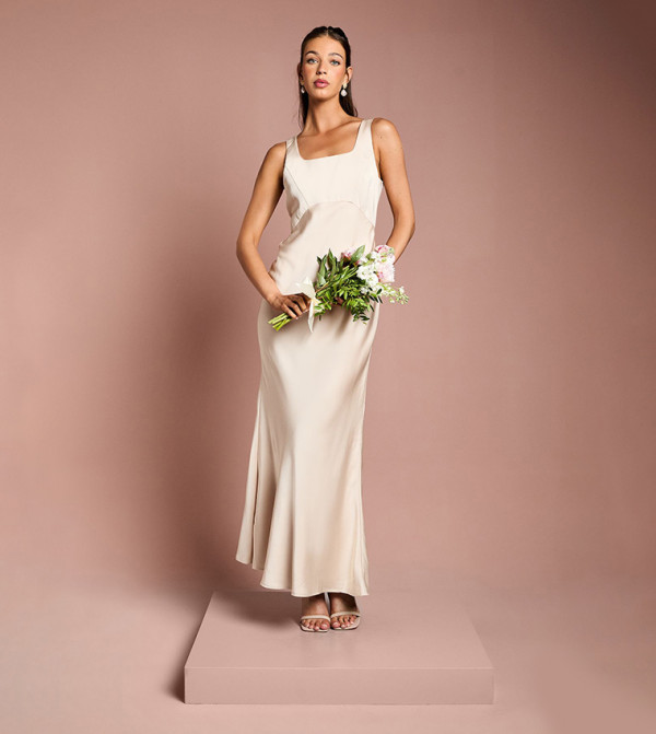 Square Neck Satin and Crepe Bridesmaids Maxi Dress