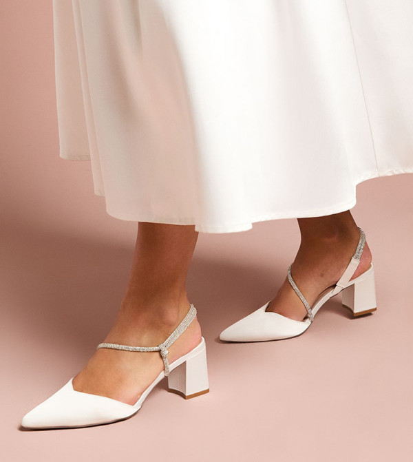 Deyla Satin Diamante Asymmetric Strap Block Heel Pumps
