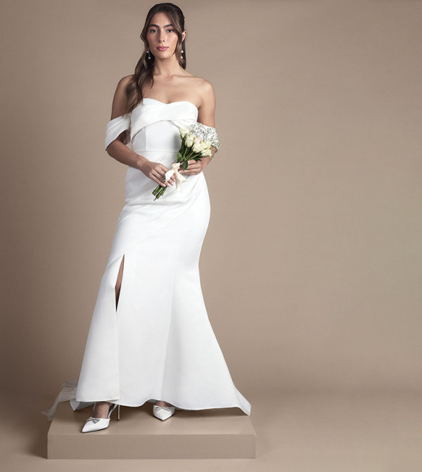 Bardot Twist Structured Satin Maxi Wedding Dress