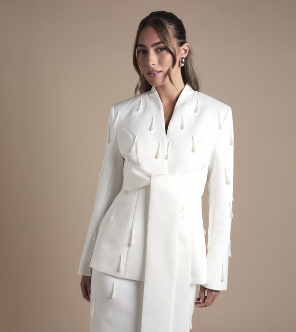 Pearl Detail Wrap Satin Bridal Blazer