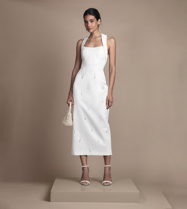 Halterneck Satin Midi Bridal Dress with Pearls