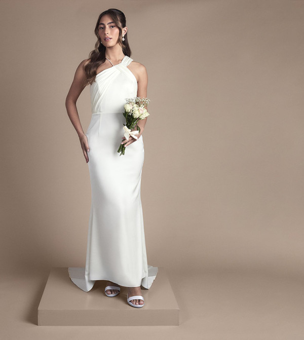 Pleated Detail Halterneck Fishtail Satin Maxi Wedding Dress