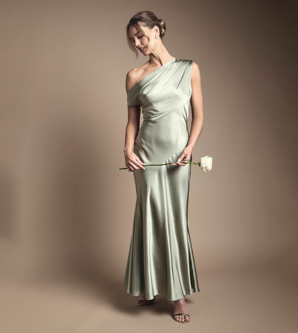 Satin Off One Shoulder Slinky Maxi Bridesmaid Dress