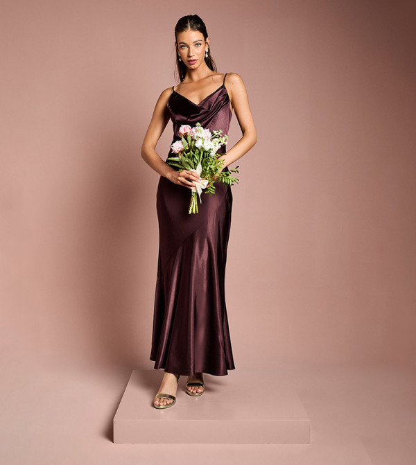 Satin Strappy Cowl Neck Fishtail Maxi Bridesmaids Dress