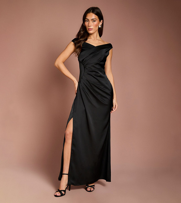 Solid Satin Bardot Bridesmaid Maxi Party Dress
