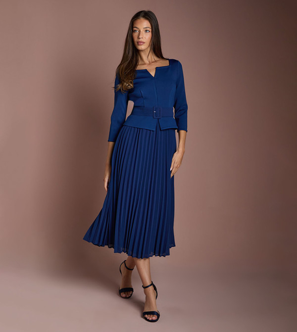 Bandage Long Sleeves Dress with Pleated Skirt