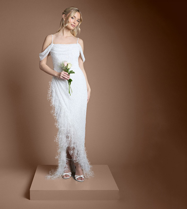 Embellished Feather Trim Draped Bardot Maxi Wedding Dress