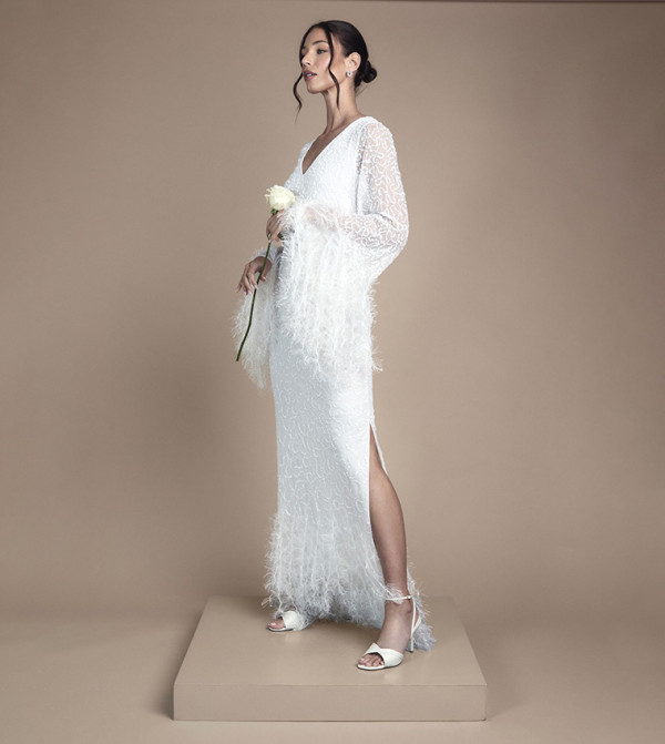 Embellished Feather Trim Long Sleeves Maxi Wedding Dress