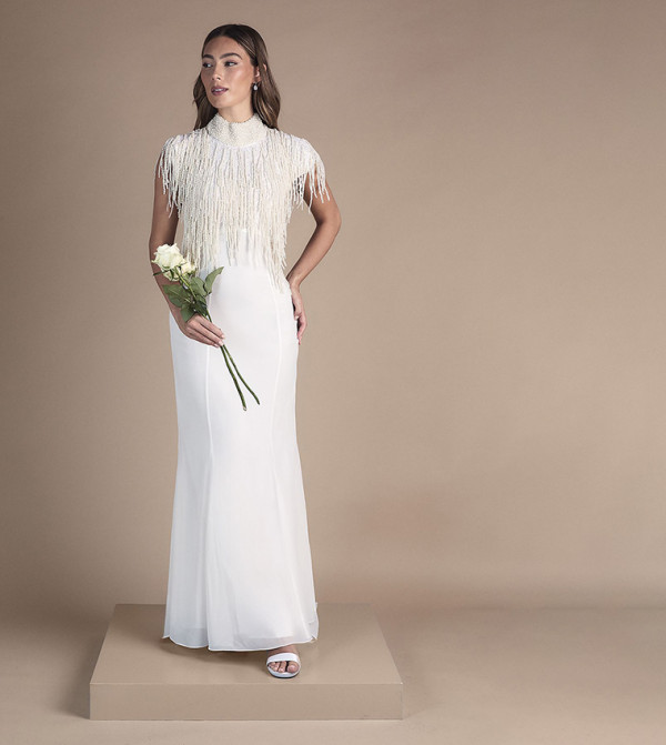 Pearl Fringed High Neck Embellished Maxi Wedding Dress