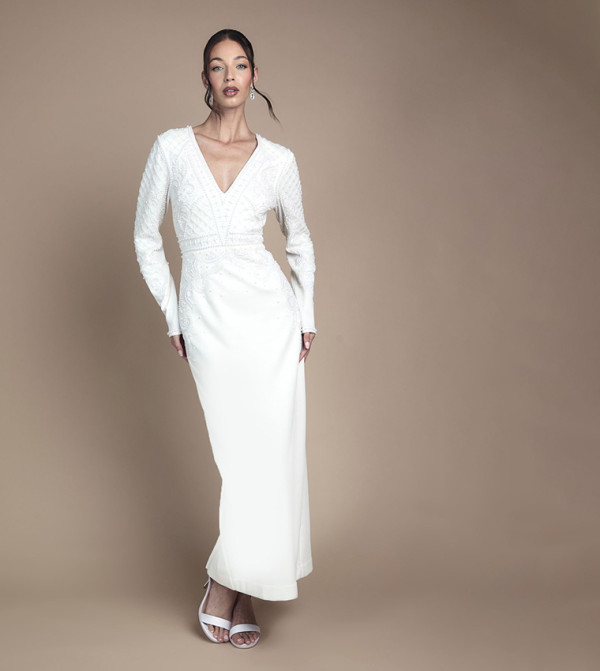 V-Neck Scuba Embellished Pencil Maxi Wedding Dress