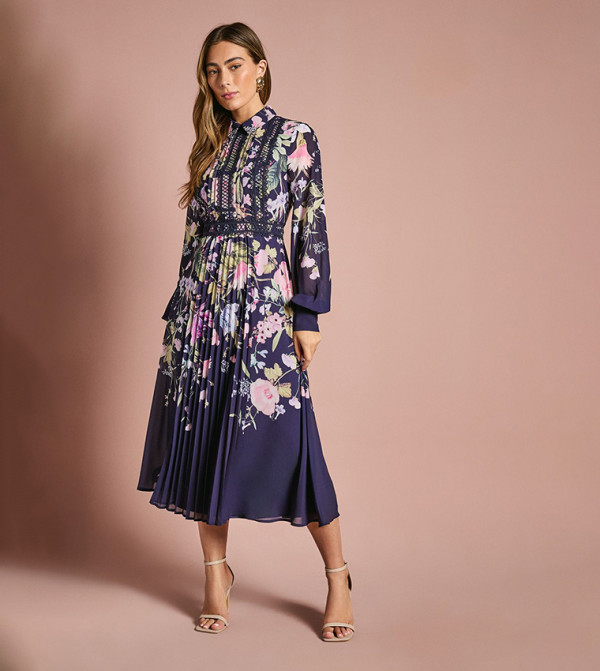 Placement Print Collared Midi Shirt Dress