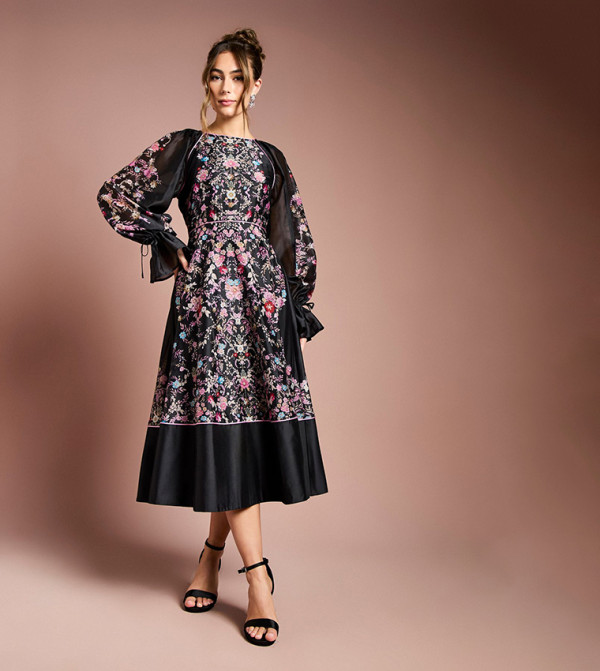 Placement Print Long Sleeves Organza Midi Dress