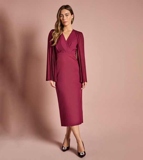 Pleated Cape Sleeves Crepe Pencil Midi Dress