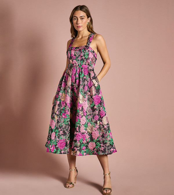 Corset Bodice Full Skirted Jacquard Midi Dress