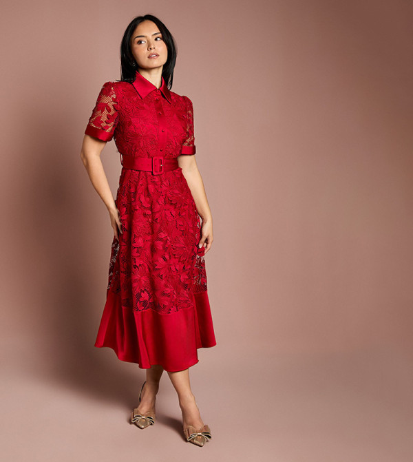Petite Satin Trim Lace Midi Shirt Dress