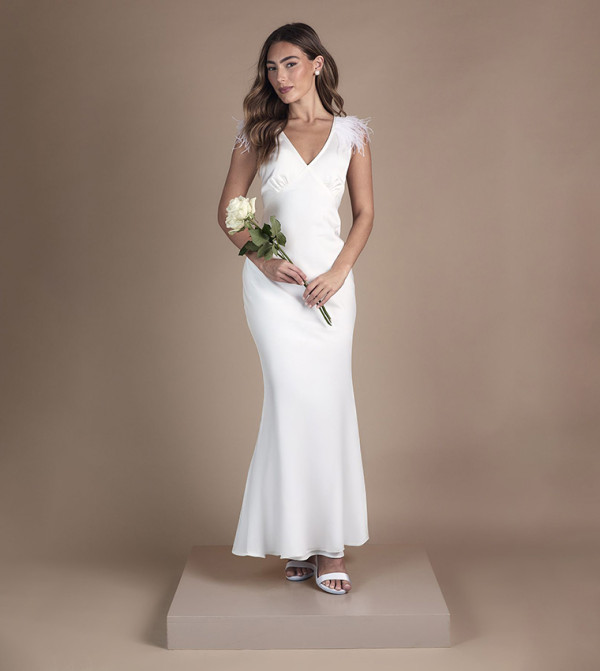 Feather Shoulder Detail V-Neck Satin Wedding Dress