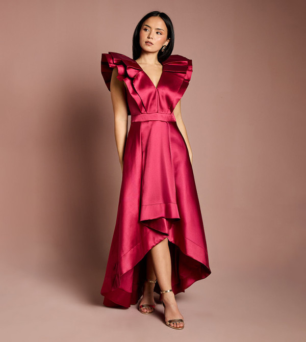 Petite Frill Sleeves V-Neck Midi Dress