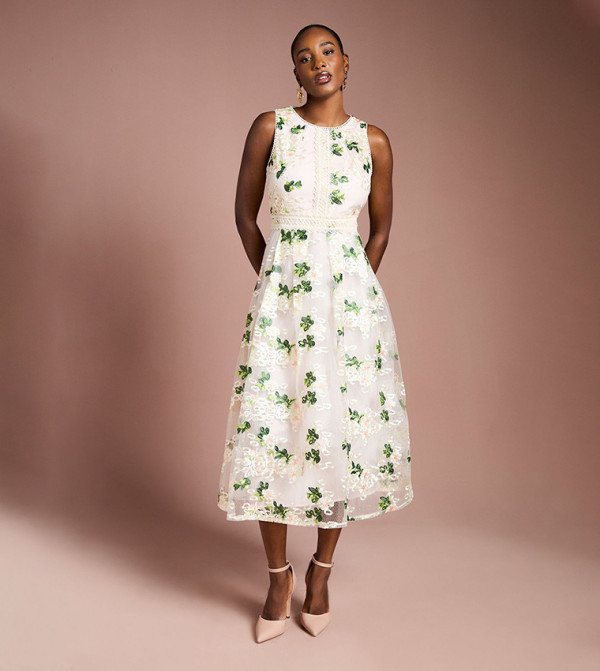 Embroidered Mesh Lace Trim Full Skirted Midi Dress