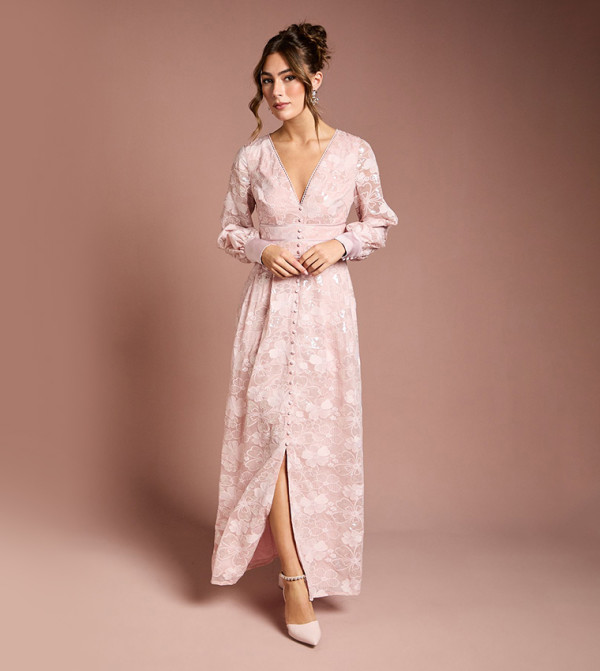 Sequined Floral Blouson Sleeves Mesh Maxi Dress