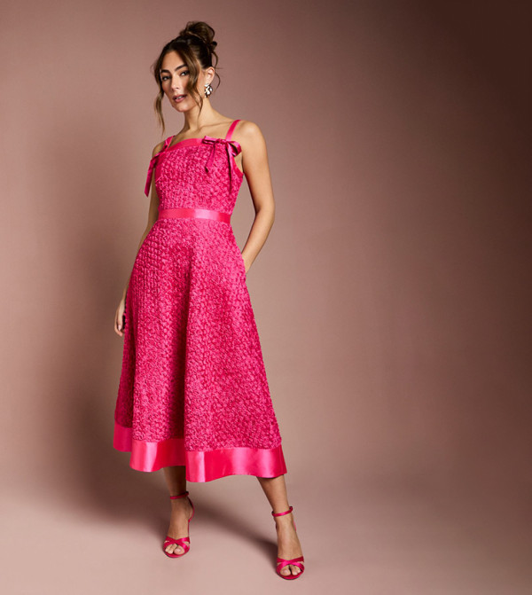 3D Flower Strappy Midi Dress