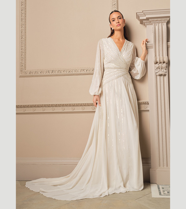 Long Sleeves Linear Embellished Maxi Wedding Dress