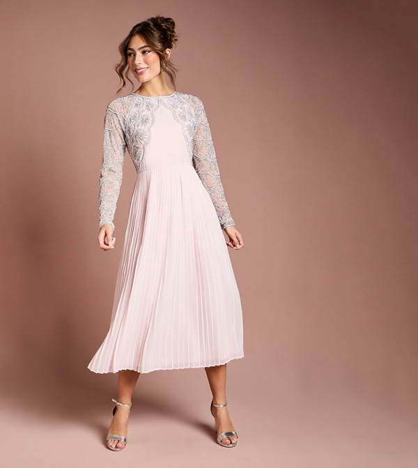 Scallop Embellished Pleated Midi Dress