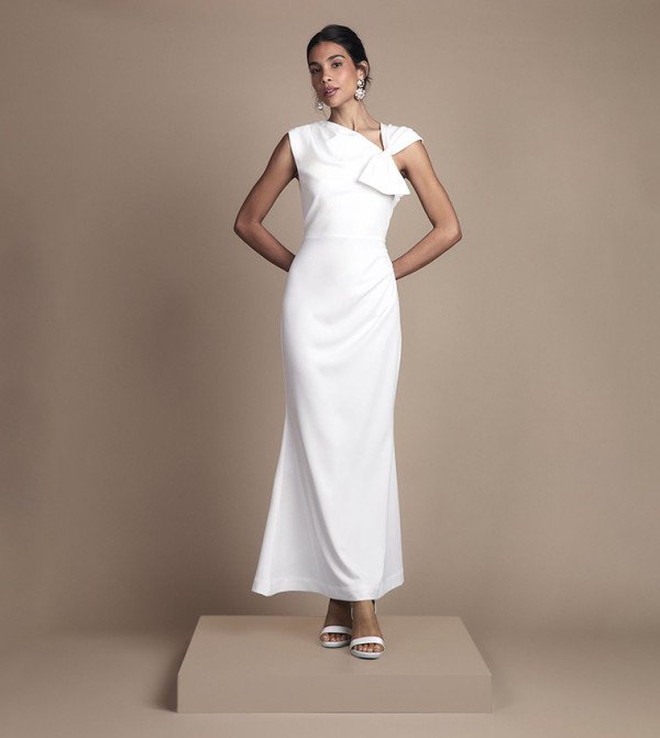 Asymmetric Neck with Bow Detail Crepe Maxi Wedding Dress