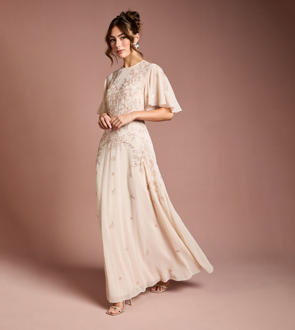 Floral Embroidered and Beaded Flutter Sleeves Maxi Dress