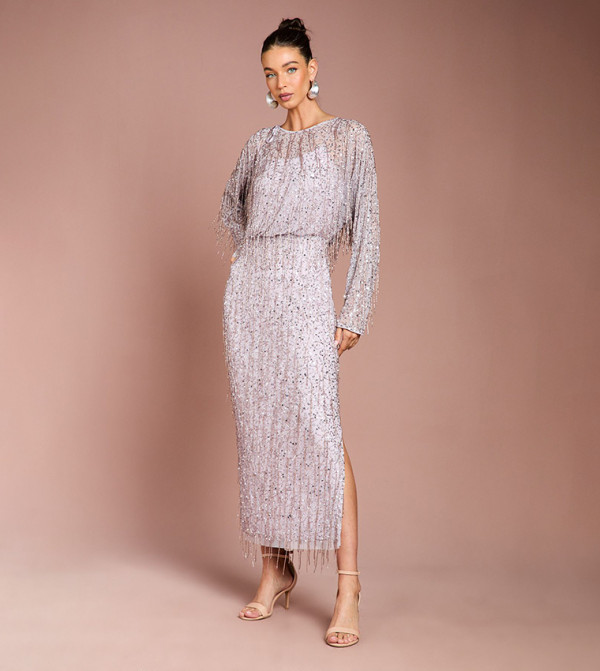 Embellished Tassel Batwing Sleeves Midi Dress