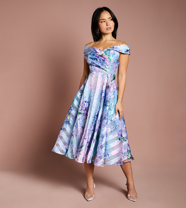 Petite Printed Organza Pleated Midi Dress