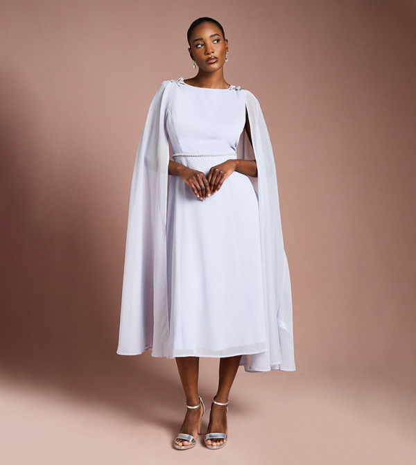 Diamante Broach Detail Detachable Cape Georgette Midi Dress